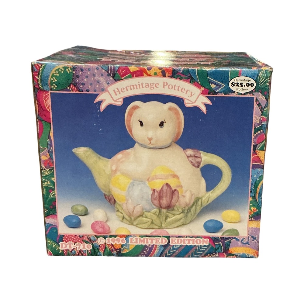 Vintage 1996 Hermitage Pottery Easter Bunny Teapot Limited Edition DT-710 Pastel - Picture 2 of 10